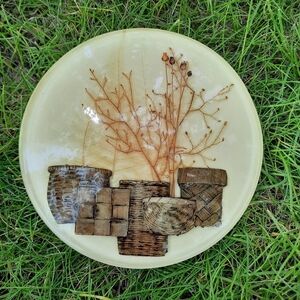 Vintage Handmade Colorflo Dried Floral And Woven Basket Resin Trivet Plate